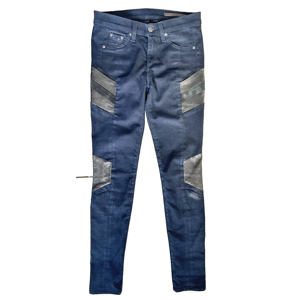 rag & bone Grand Prix Moto Skinny Jeans Womens 25 Midnight Leather Panel Blue
